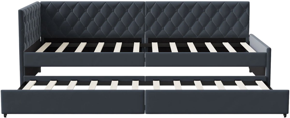 Happiq Uitbreidbaar Slaapbank Bed 90x200 cm - Fluwelen Bekleding - Grijs - Bed met Uitschuifbare Functie en Lattenbodem Gray