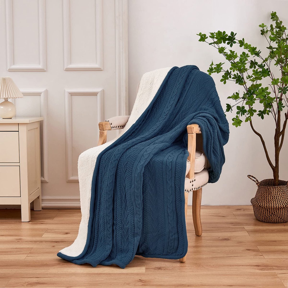 SnelShoppen - Longhui Bedding Acryl Kabelgebreide Sherpa-Deken, Dikke Zachte Fleece-Deken 127 x 160 cm Grijsblauw voor Bank Sofa of Bed, Knusse Sprei