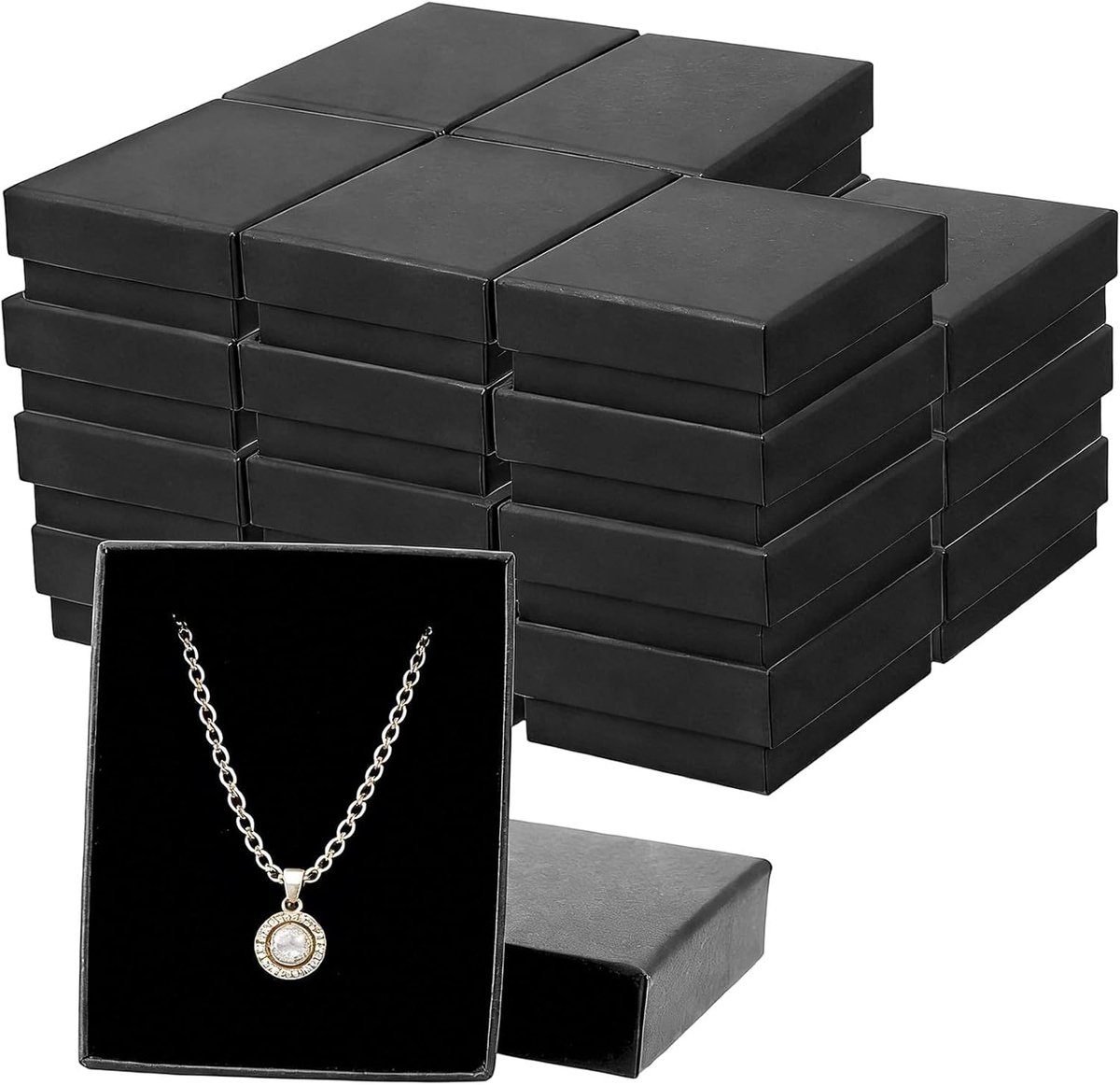 SnelShoppen - 24 Geschenkdozen met Deksel en Schuim voor Juwelen - Kleine Rechthoekige Sieradendoos van Kraftpapier in Zwart - Ideaal voor Verjaardag,