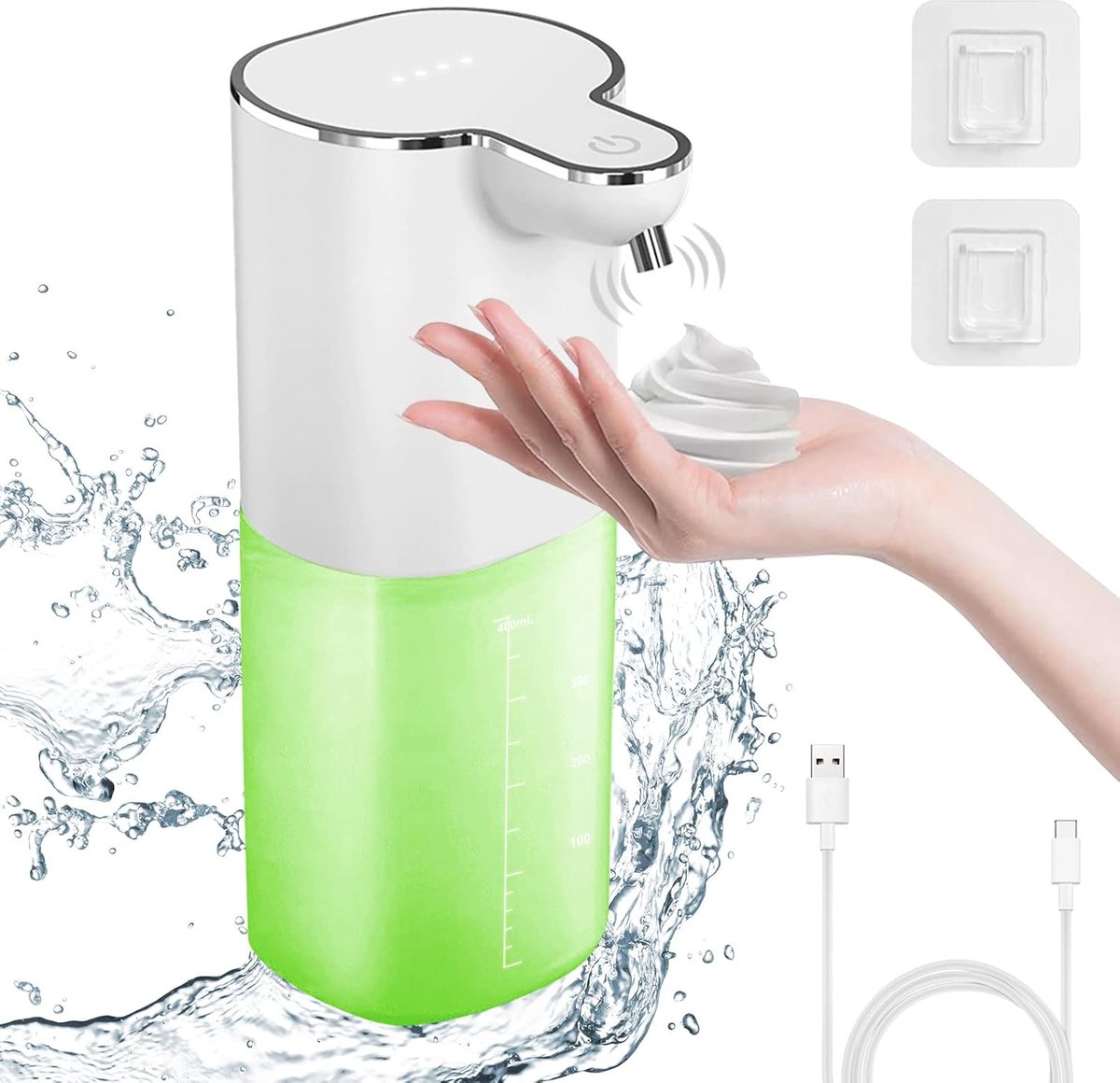 Automatische schuimzeepdispenser, oplaadbaar via USB, 4-traps bediening, 400 ml, voor badkamer en keuken