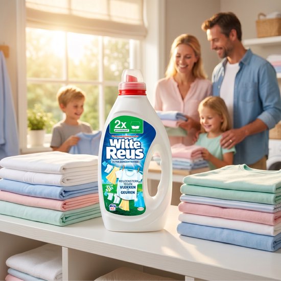 Witte Reus wasmiddelfles met een gezin op de achtergrond dat kleding sorteert bij een raam met zonlicht.