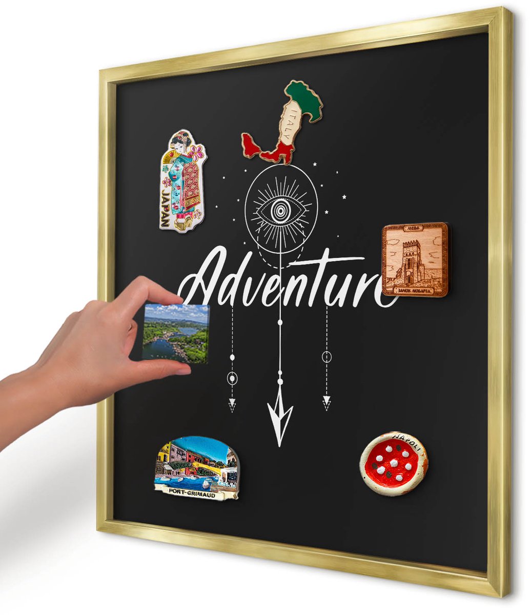 Artprintcave Zwart Magneetbord mit Gouden Frame - 50x50 cm - Avontuur Wacht. Magneetbord Voor Foto's - Typografisch Magneet Bord mit Frame - Teksten