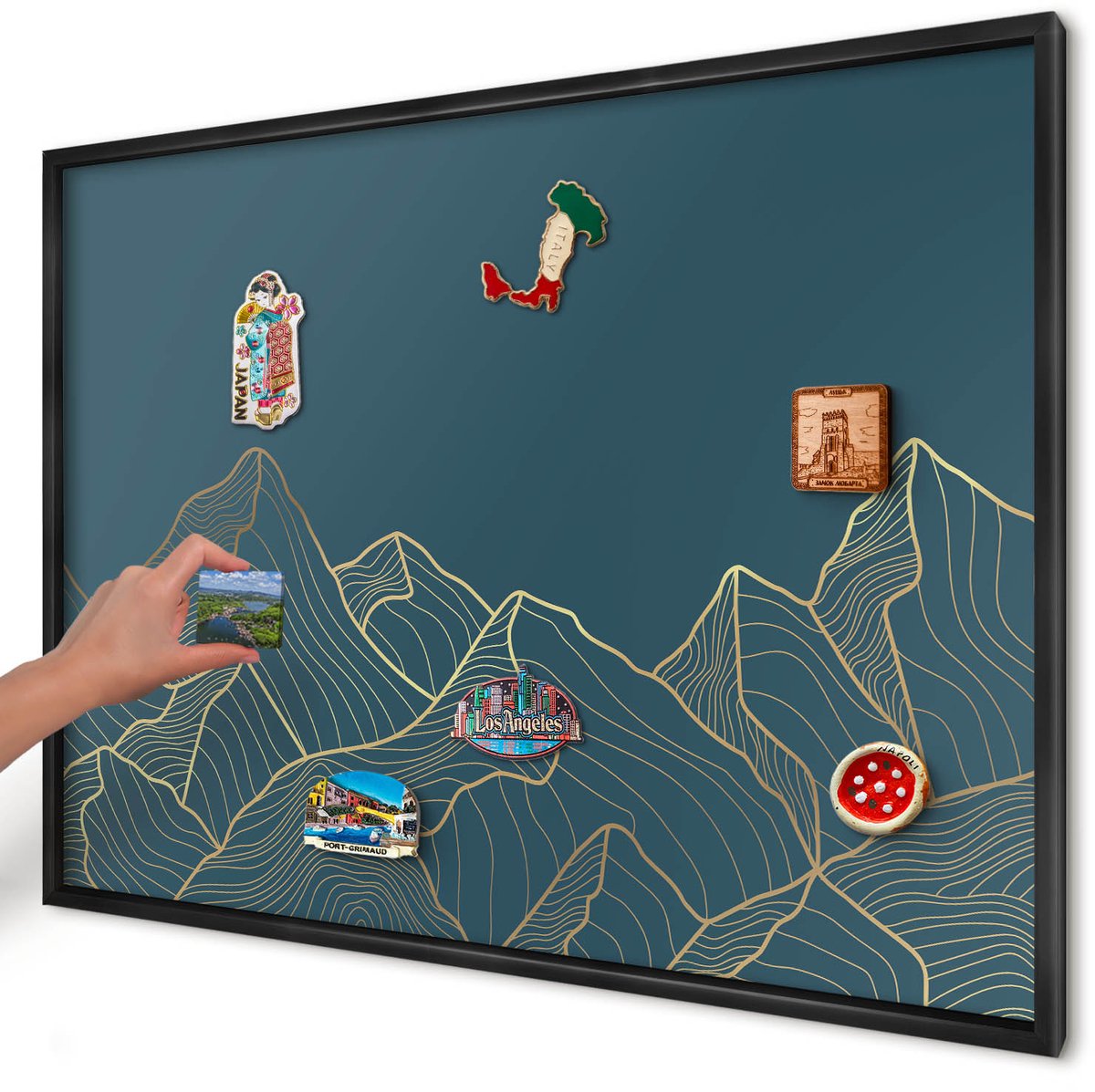Artprintcave Blauw Magneetbord mit Zwart Frame - 100x70 cm - Bergminimalisme Memobord Keuken - Minimalist Magnetische Organizer - Landschappen
