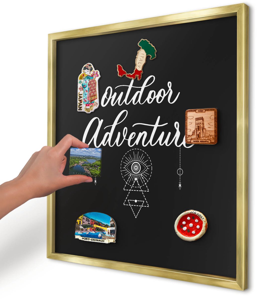 Artprintcave Zwart Magneetbord mit Gouden Frame - 50x50 cm - Buitenavontuur Magneetbord Voor Keuken - Typografisch Magneetbord Voor Foto's - Teksten