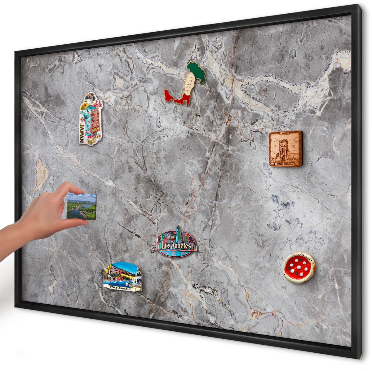 Artprintcave Grijs Magneetbord mit Zwart Frame - 100x70 cm - Marmer Met Patroon Notitiebord - Klassiek Magneet Bord mit Frame - Texturen