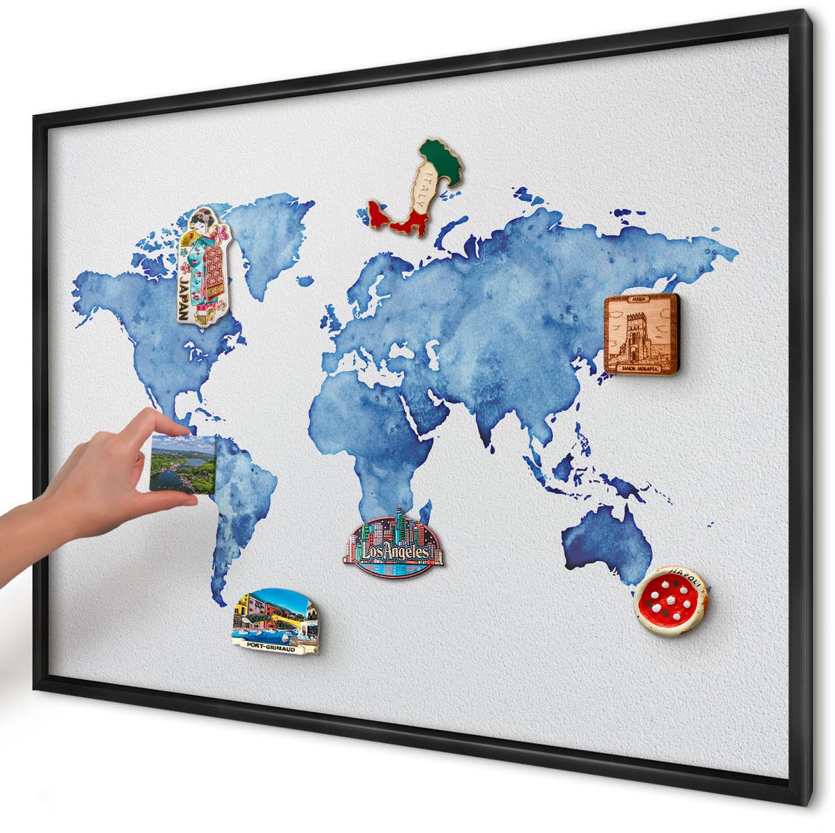 Artprintcave Blauw Magneetbord mit Zwart Frame - 100x70 cm - Aquarelkaart Magneet Bord mit Frame - Waterverf Wandbord Magnetisch - Kaarten