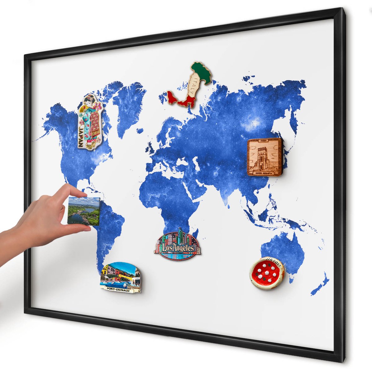 Artprintcave Blauw Magneetbord mit Zwart Frame - 80x60 cm - Wereldkaart Magneetbord Voor Keuken - Abstract Magnetische Organizer - Kaarten