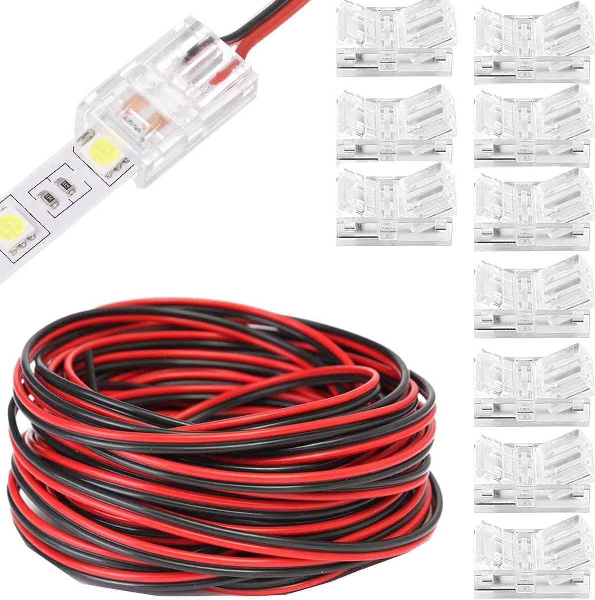 3528 2835 2-polige 8 mm RGB led-lichtconnectorset, inclusief een 20 m led-verlengkabel, een gatvrije aansluiting, voor een snelle verbinding van 8 mm ledstrips op de draad