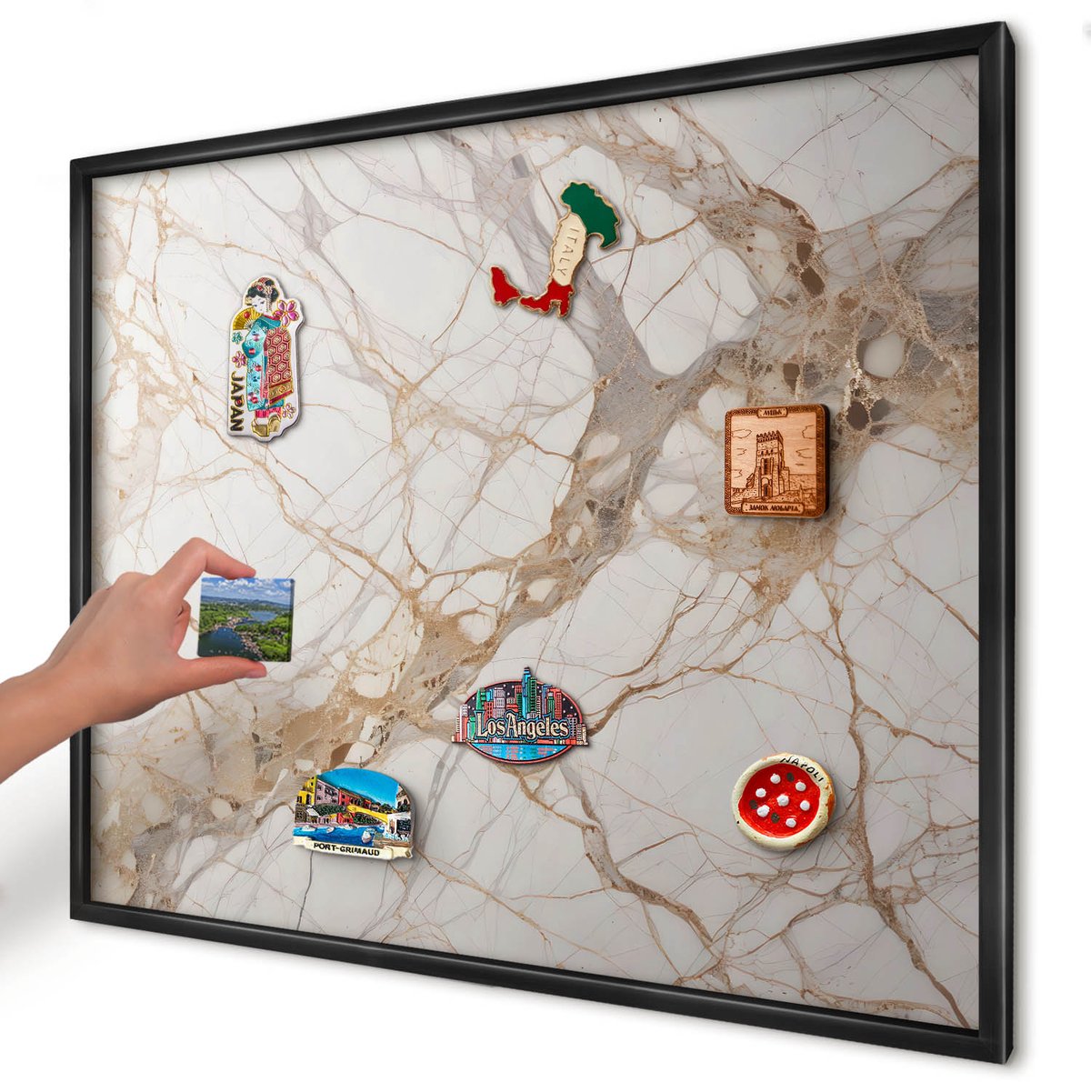 Artprintcave Wit Magneetbord mit Zwart Frame - 80x60 cm - Marmeren Elegantie Bord Voor Magneten - Minimalist Magneet Bord mit Frame - Texturen