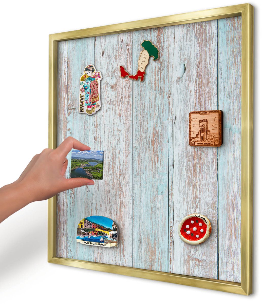 Artprintcave Blauw Magneetbord mit Gouden Frame - 50x50 cm - Rustieke Planken Memobord Keuken - Rustiek Magnetisch Bord - Texturen