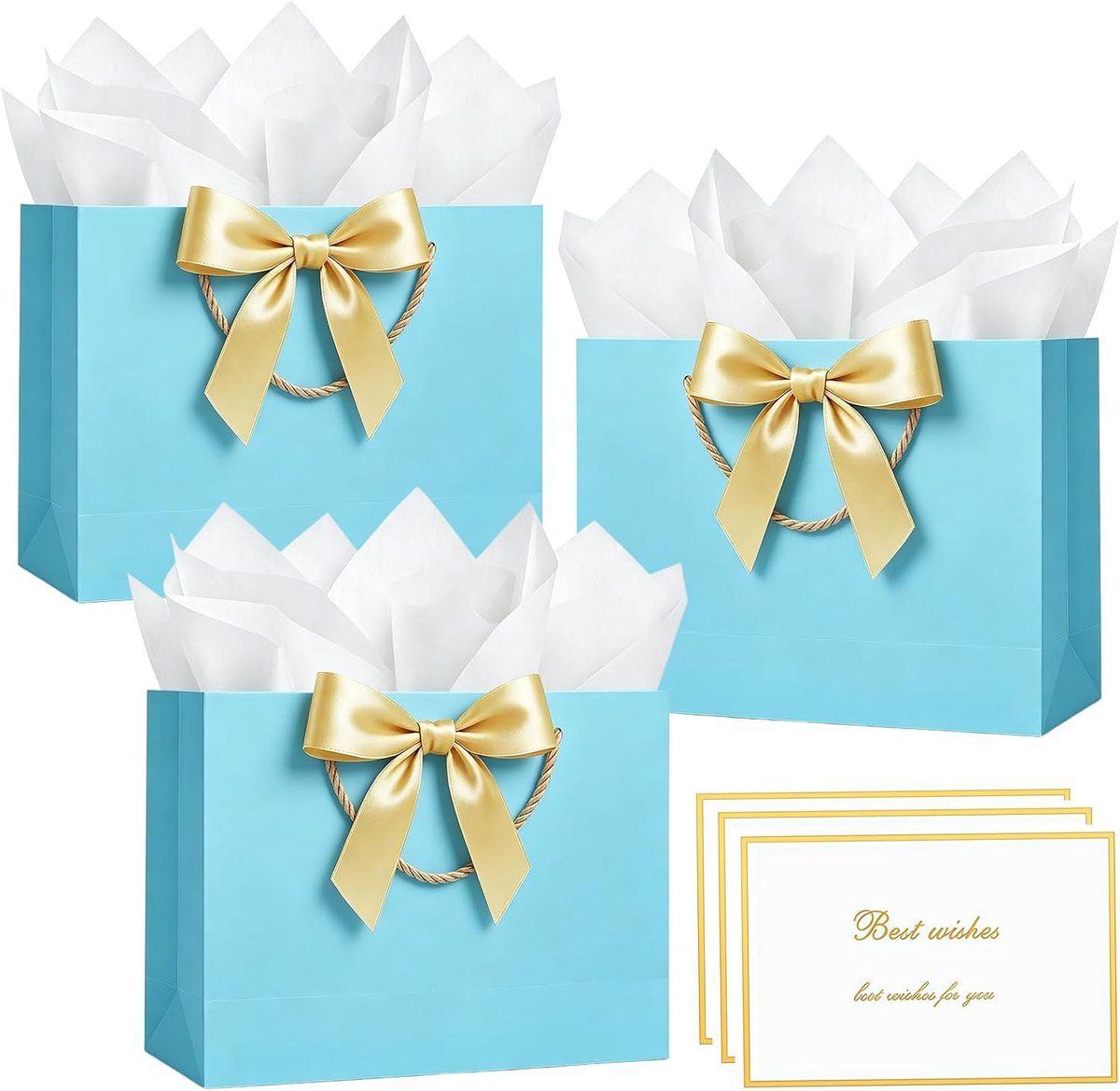 3-pack middelgrote cadeauzakjes 20 x 10 x 28 cm, middelgrote blauwe cadeauzak met handvat, 6 stuks geschenkpapier en 3 kaarten, striklint, verjaardagsfeestje zakjes voor bruidsmeisjes, bruiloft