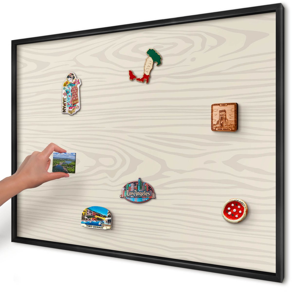 Artprintcave Beige Magneetbord mit Zwart Frame - 100x70 cm - Houten Ringen Wandbord Magnetisch - Minimalist Notitiebord - Texturen