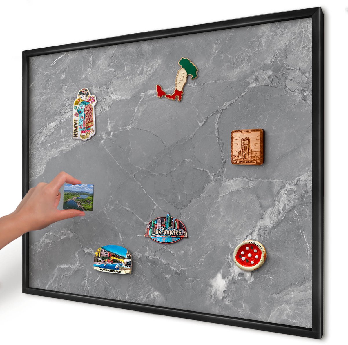 Artprintcave Grijs Magneetbord mit Zwart Frame - 80x60 cm - Grijs Marmer Magneet Bord mit Frame - Minimalist Magneetbord Voor Foto's - Texturen
