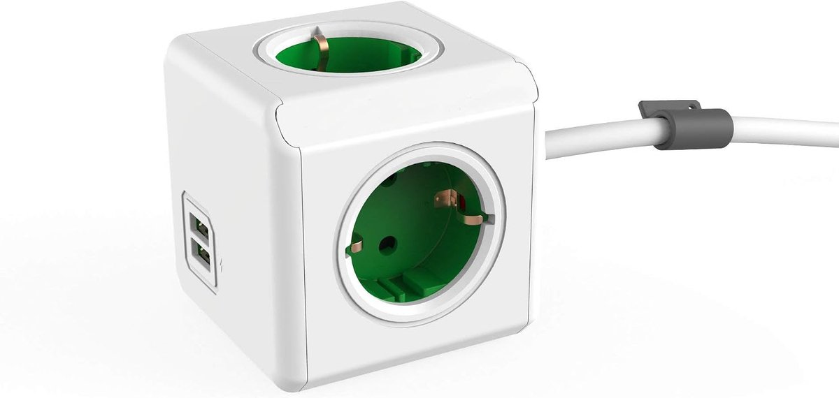 Verlengsnoer met 4 Stopcontacten - Groene-Witte Power Cube - 2 USB Poorten - Desk Mounting Kit met 1,5 m Kabel - ShopVlot