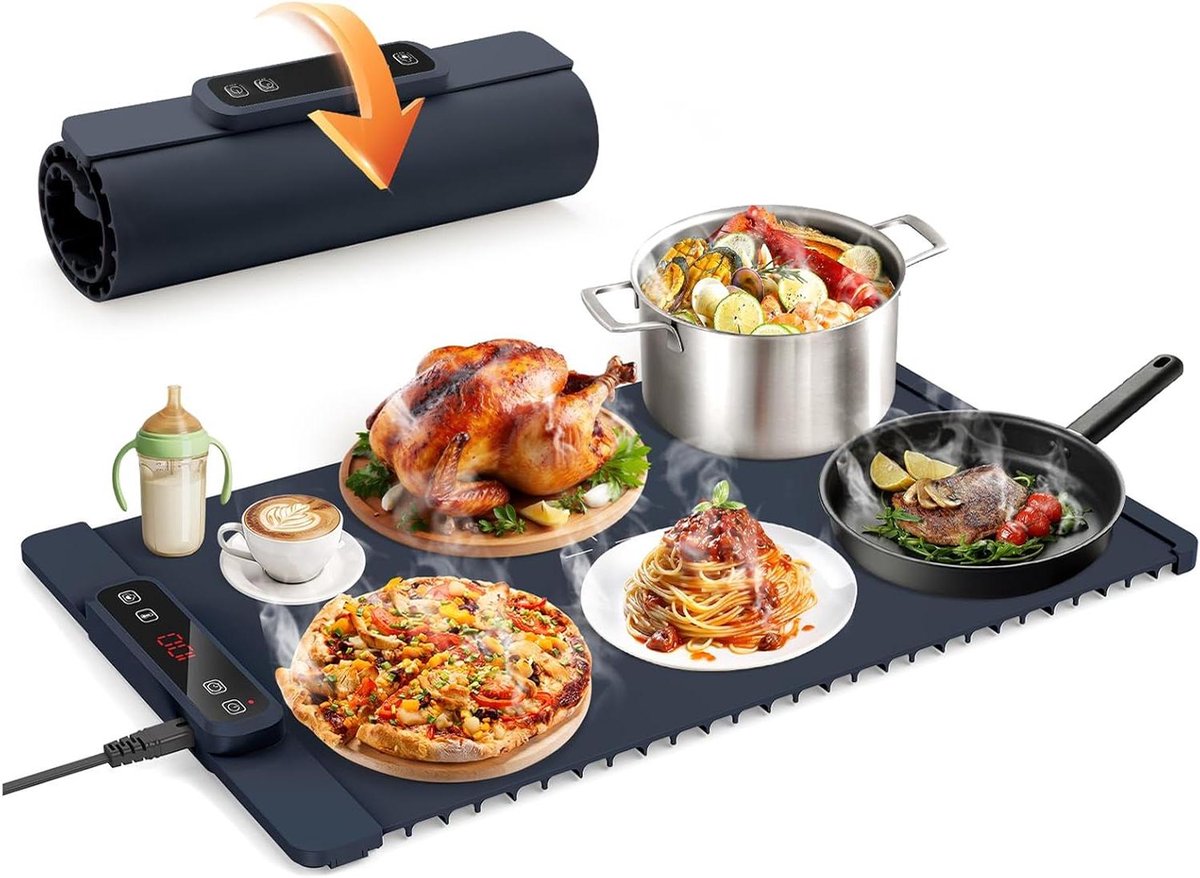 Elektrische Warmhoudplaat - Buffet Server Warmhoudplaat - Eten Warm Houden - Opvouwbaar Ontwerp - 4 Uur Timer - Donkerblauw