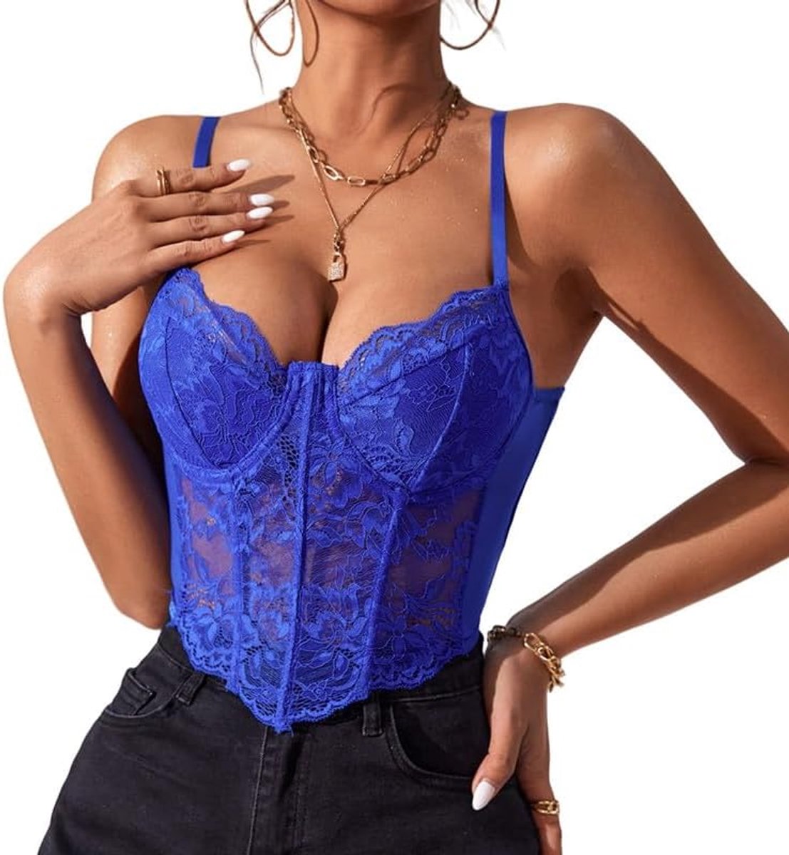 Damestop van kant, tanktop, zomer, sexy, slim fit, korset met dunne bandjes, mouwloos, crop top, V-hals, verstelbare tanktop, elegante onderjas, nauwsluitend, bustier, clubwear