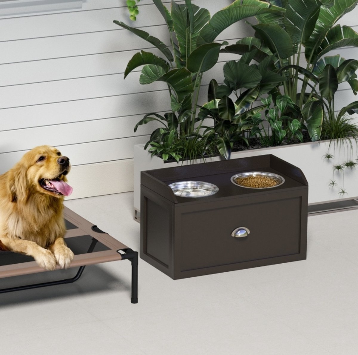 REDOM - Verhoogde hondenvoerbak met opbergruimte - 2 RVS schalen - Dubbele voerbak - Modern - Voor grote honden - RVS - Bruin - 60 x 30 x 36 cm