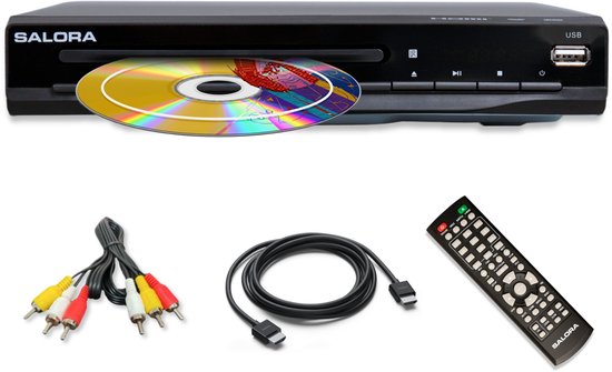 Zwarte Salora DVD-speler met cd, HDMI- en tulpkabels, en een afstandsbediening.