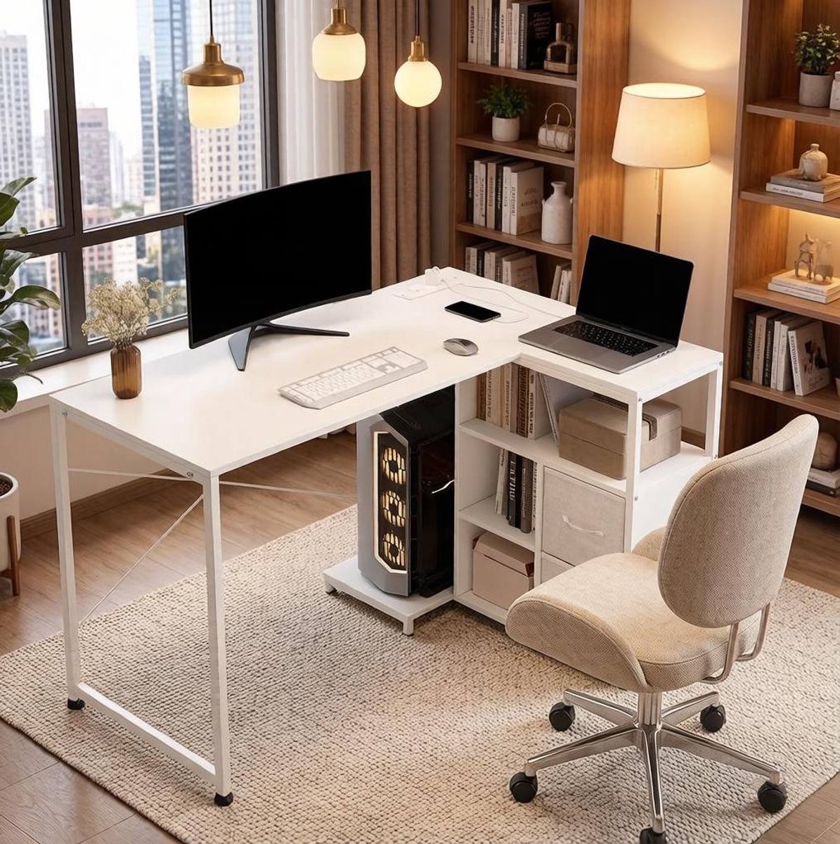 MIVRAY Hoekbureau - Omkeerbaar L-Vormig Bureau Met Stroomaansluiting En Veel Opbergruimte - Voor Thuiswerk En Kantoor - Wit - 120x80x76 Cm