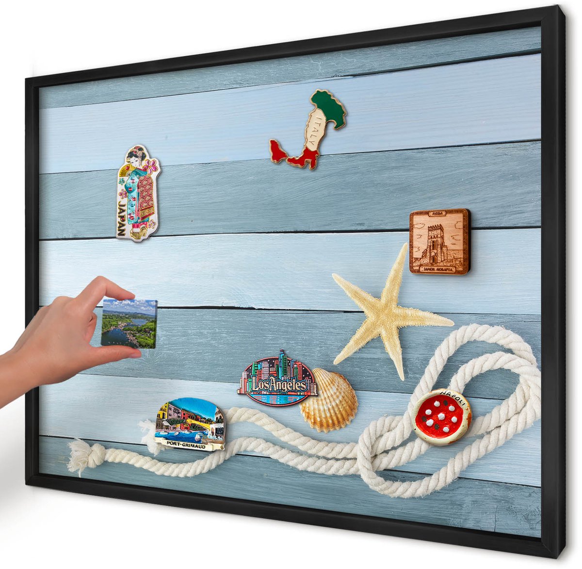 Artprintcave Blauw Magneetbord mit Zwart Frame - 70x50 cm - Maritiem Klimaat Memobord Keuken - Modern Magnetisch Bord - Natuur