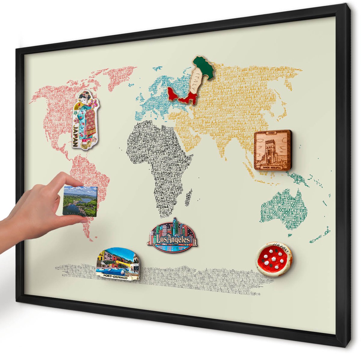 Artprintcave Beige Magneetbord mit Zwart Frame - 70x50 cm - Wereldkaart Wandbord Magnetisch - Typografisch Magneetbord Voor Foto's - Kaarten