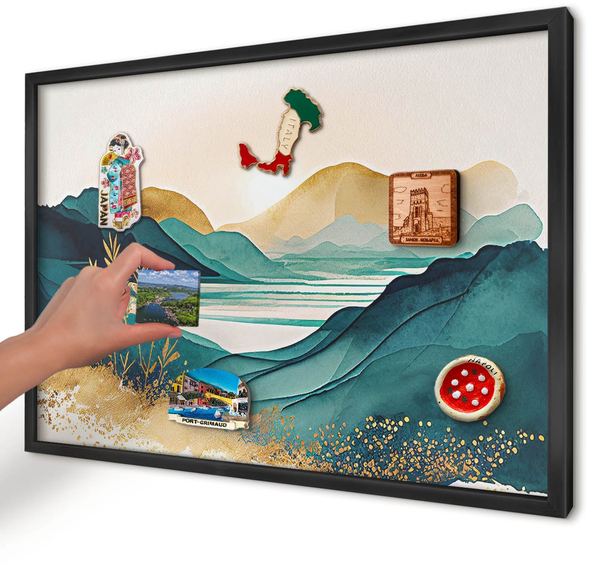 Artprintcave Turkoois Magneetbord mit Zwart Frame - 60x40 cm - Een Vredig Uitzicht Memobord Keuken - Waterverf Magneetbord Voor Foto's - Landschappen