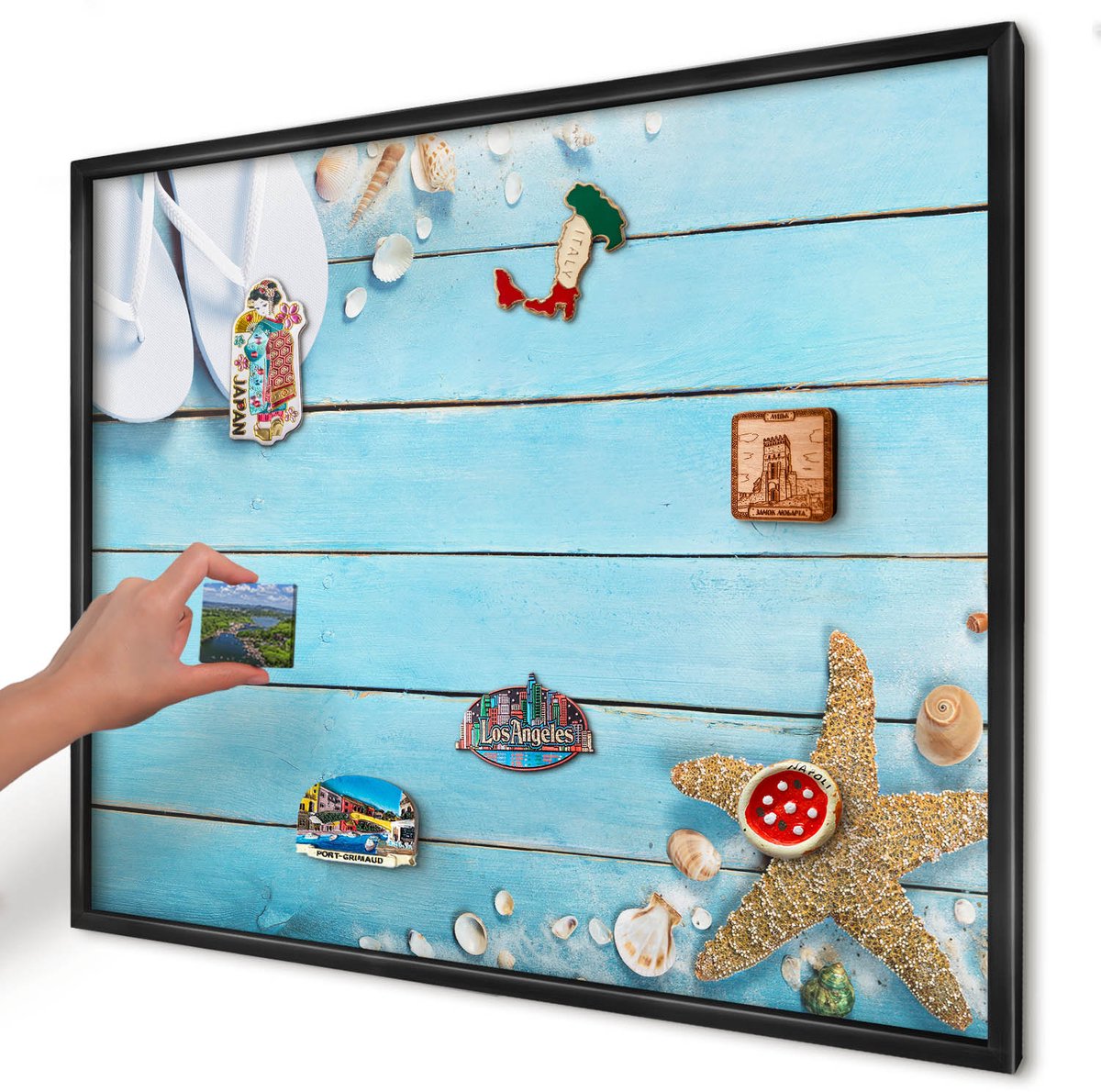 Artprintcave Blauw Magneetbord mit Zwart Frame - 80x60 cm - Vakantierust Magneet Bord mit Frame - Fotografisch Wandbord Magnetisch - Landschappen