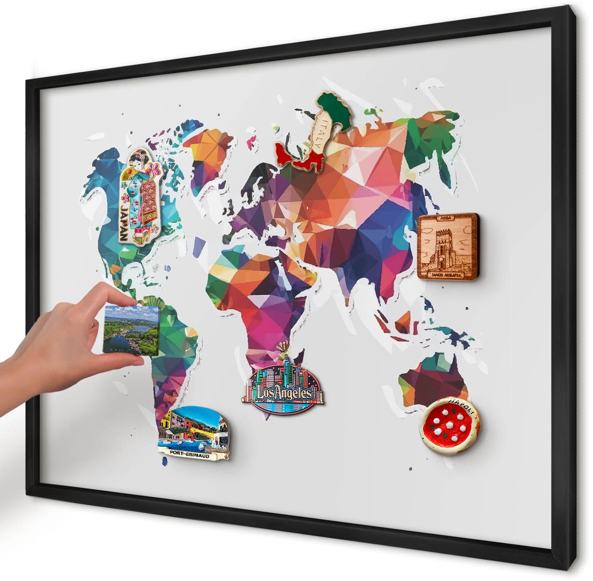 Artprintcave Grijs Magneetbord mit Zwart Frame - 70x50 cm - Wereldkaart Magnetische Organizer - Geometrische Magnetisch Bord - Kaarten
