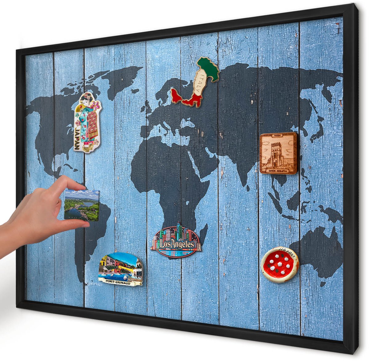 Artprintcave Blauw Magneetbord mit Zwart Frame - 70x50 cm - Wereldkaart Magneetbord Voor Foto's - Rustiek Magnetische Organizer - Kaarten