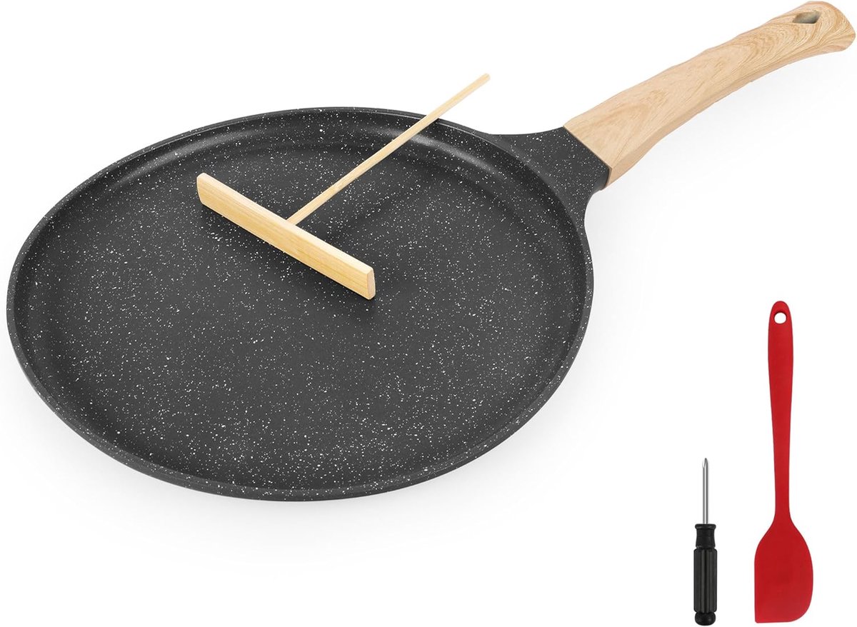 crêpepan 28 cm Pannenkoekenpan met antiaanbaklaag incl. houten spatel & mini-pannenlepel, pannenkoekenpan Omeletpan PFOA-vrij, geschikt voor ALLE soorten fornuizen Crêpemaker