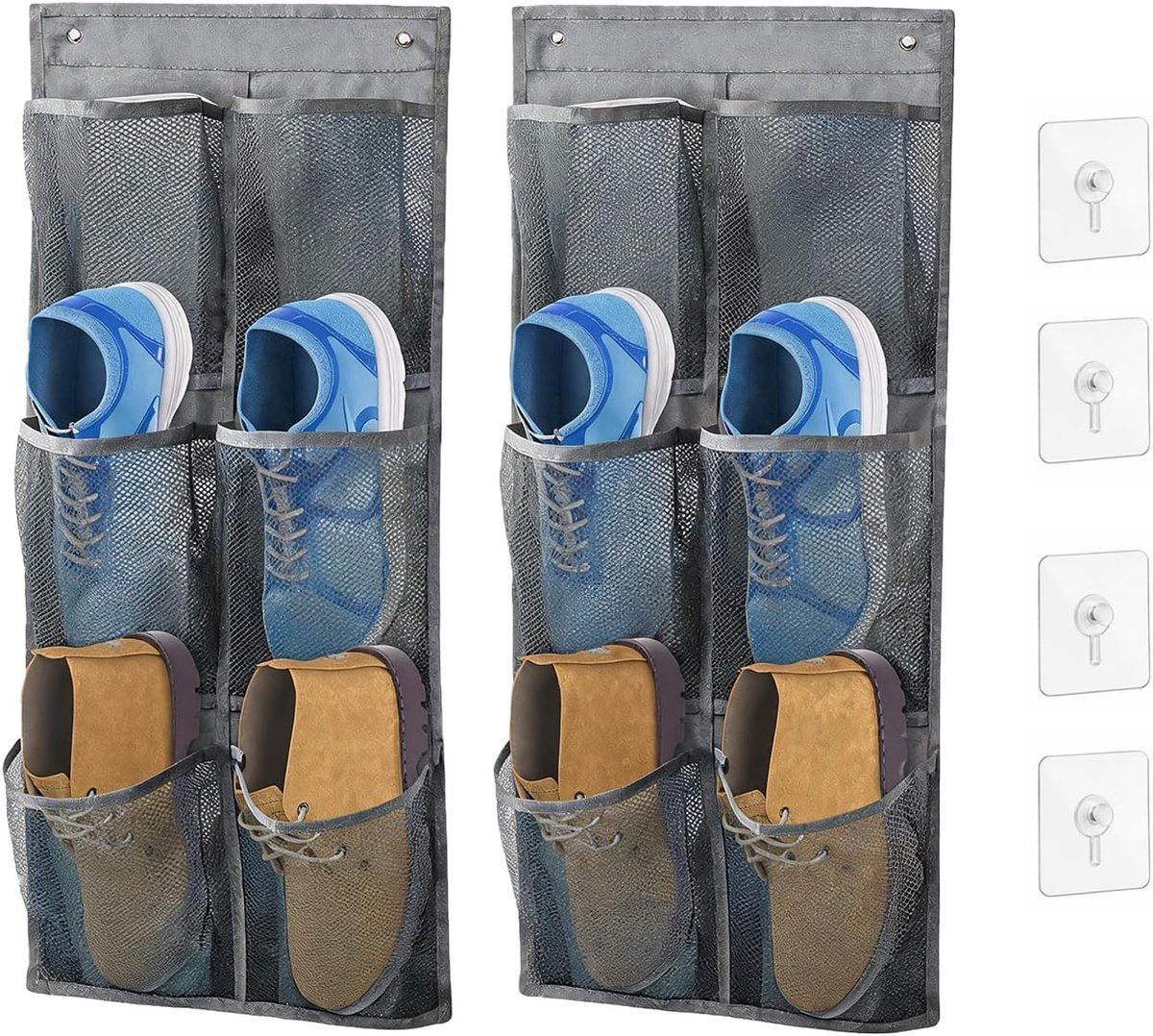 Hangend schoenenrek 2 stuks - 6 vakken per wandrek - zonder boren - ideaal voor schoenen en toiletartikelen - SnelShoppen