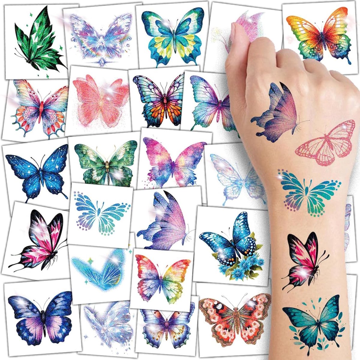 Schmetterling Temporäre Tattoos voor Kinderen - 74 afzonderlijk verpakte vellen waterverf vlinder tattoos voor kinderverjaardagsfeest decoratie