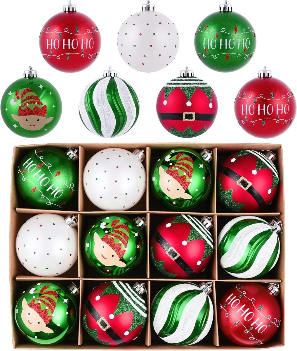 Kerstballen voor Kerstdecoratie, 12 Stuks 6 cm met Cadeaupakket, Versieringen voor de Kerstboom in Rood, Groen en Wit
