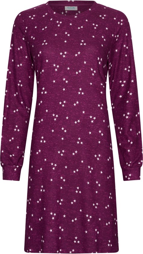 Paars fleece nachthemd met all-over witte sterrenprint, lange mouwen, ronde hals.