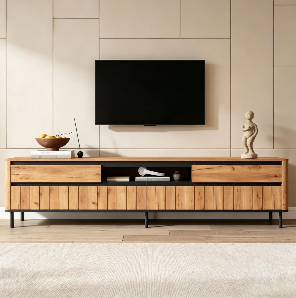 MIVRAY Tv Meubel 180 Cm Breed Met 2 Lades En 2 Kleppen Voor Woonkamer En 75 Inch Tv MDF Naturel En Zwart