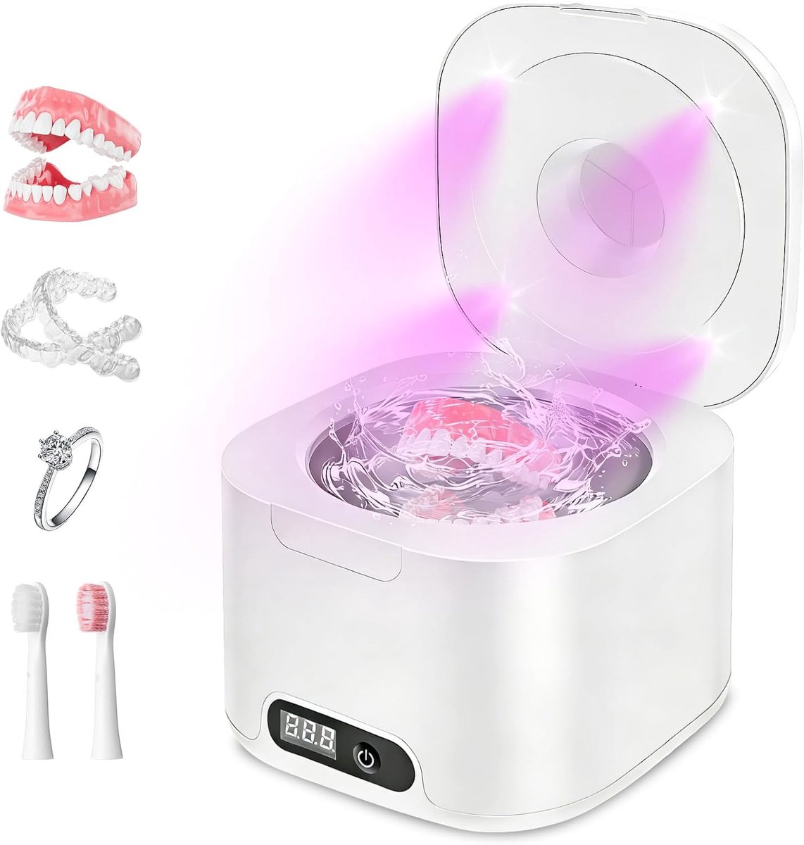 Ultrasoon reinigingsapparaat 48000 Hz - roestvrijstalen houder - met UV-functie - voor tandprothesen en sieraden - ShopVlot
