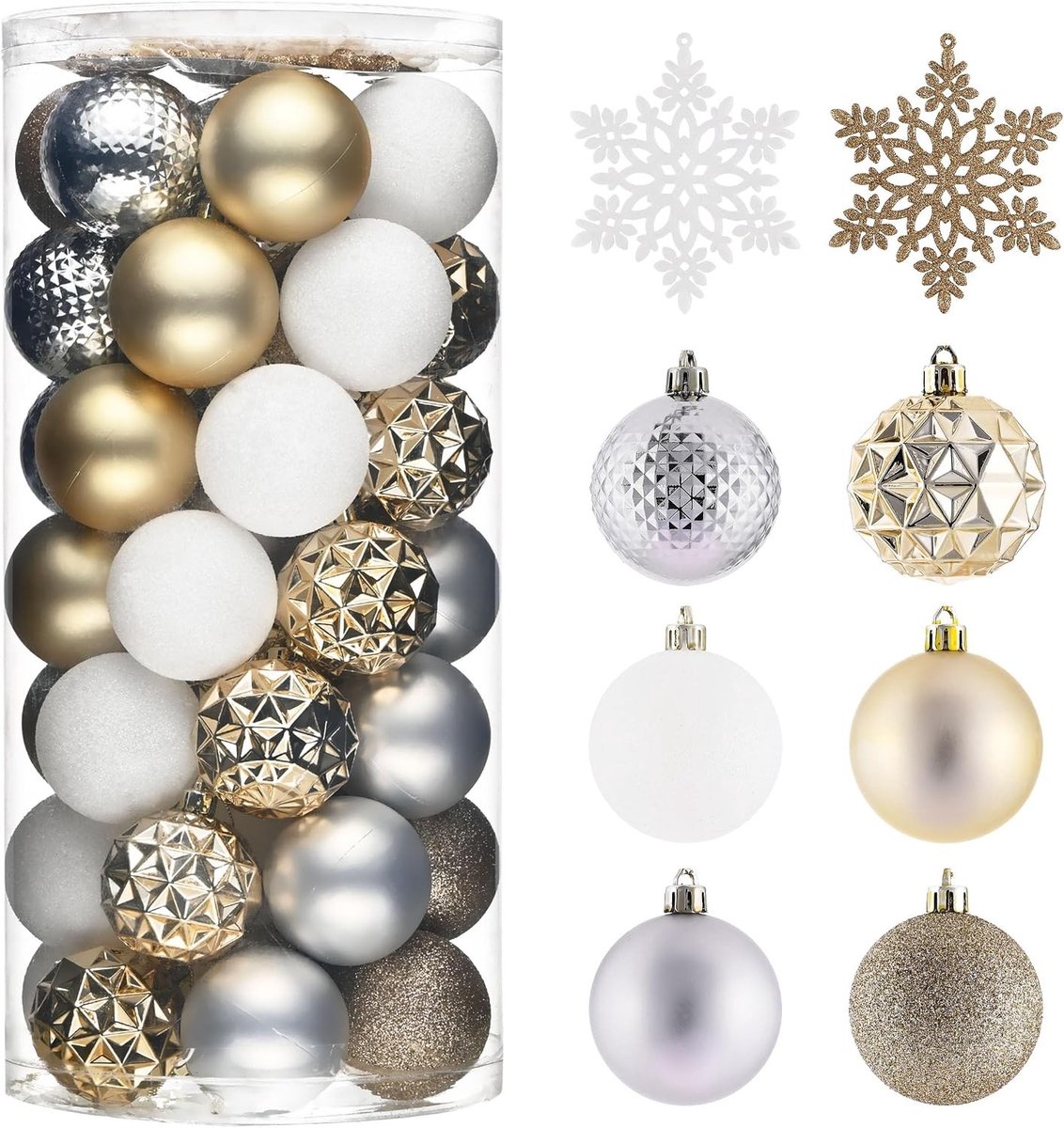 Set van 50 Schitterende Witte en Gouden Plastic Kerstballen van 5 cm - Breukbestendige Versieringen voor de Kerstboom en Feestdecoratie
