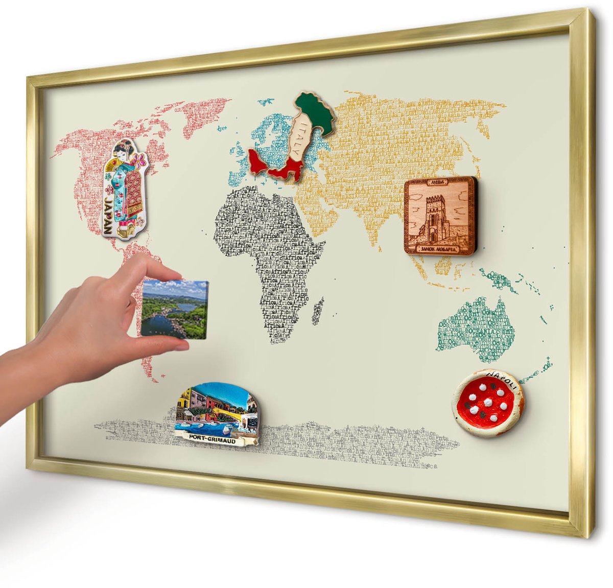 Artprintcave Beige Magneetbord mit Gouden Frame - 60x40 cm - Wereldkaart Memobord Keuken - Typografisch Wandbord Magnetisch - Kaarten