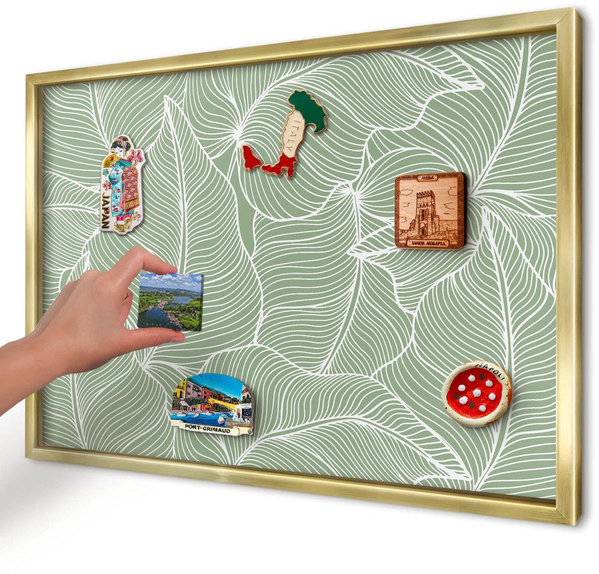 Artprintcave Groente Magneetbord mit Gouden Frame - 60x40 cm - Tropische Bladeren Magneet Bord mit Frame - Minimalist Magnetisch Bord Voor Magneten - Bloemen En Planten