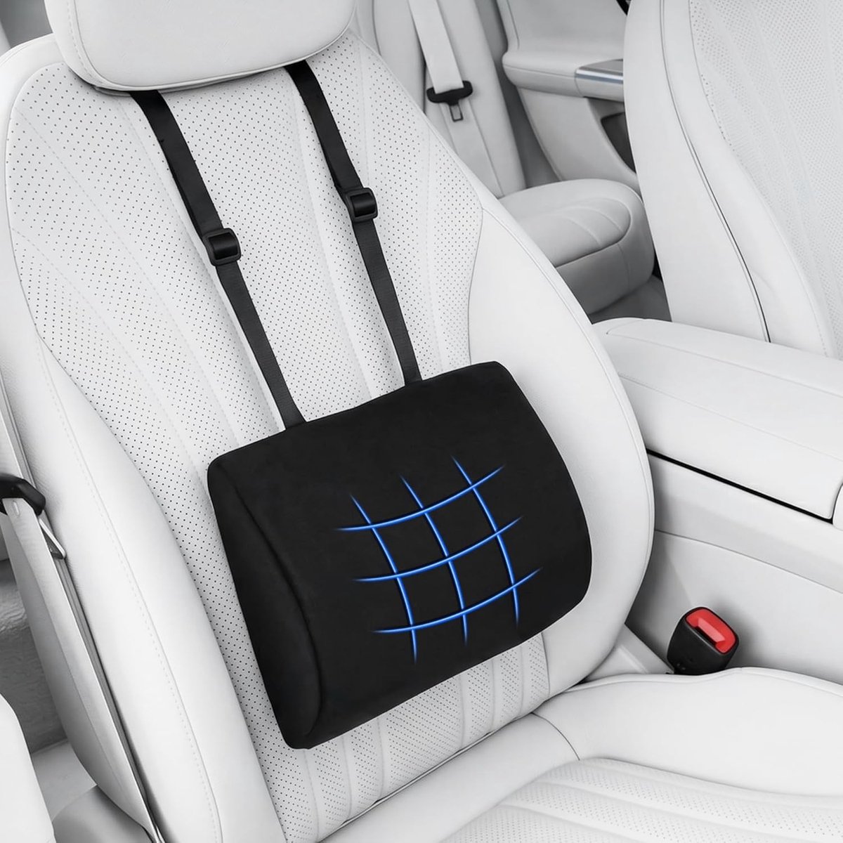 Ergonomisch rugsteunkussen voor autostoel en bureaustoel, verstelbare riemen, tegen rugpijn, afneembare overtrek, ideaal voor lange ritten en gaming