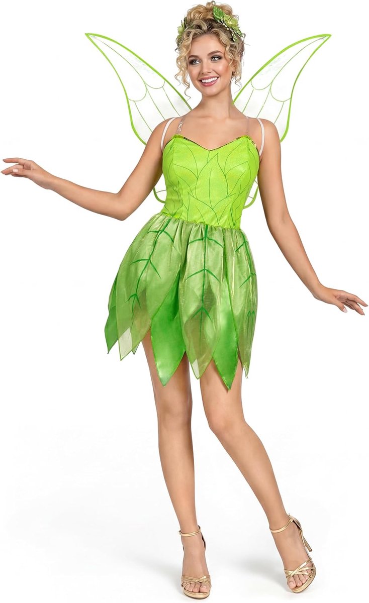 Creations Groene feeënjurk voor dames, sprookjesjurk met vleugels, kostuumset voor volwassenen, Halloween, verkleedfeest, cosplay, S