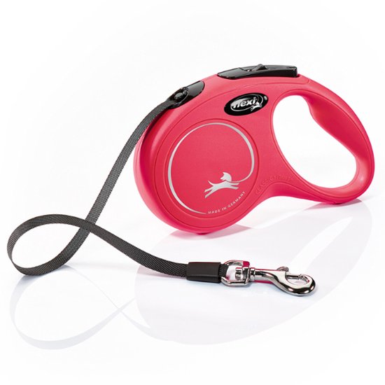 Laisse à ruban Flexi Classic, rouge, avec un mousqueton en métal et un ruban de 5 mètres.