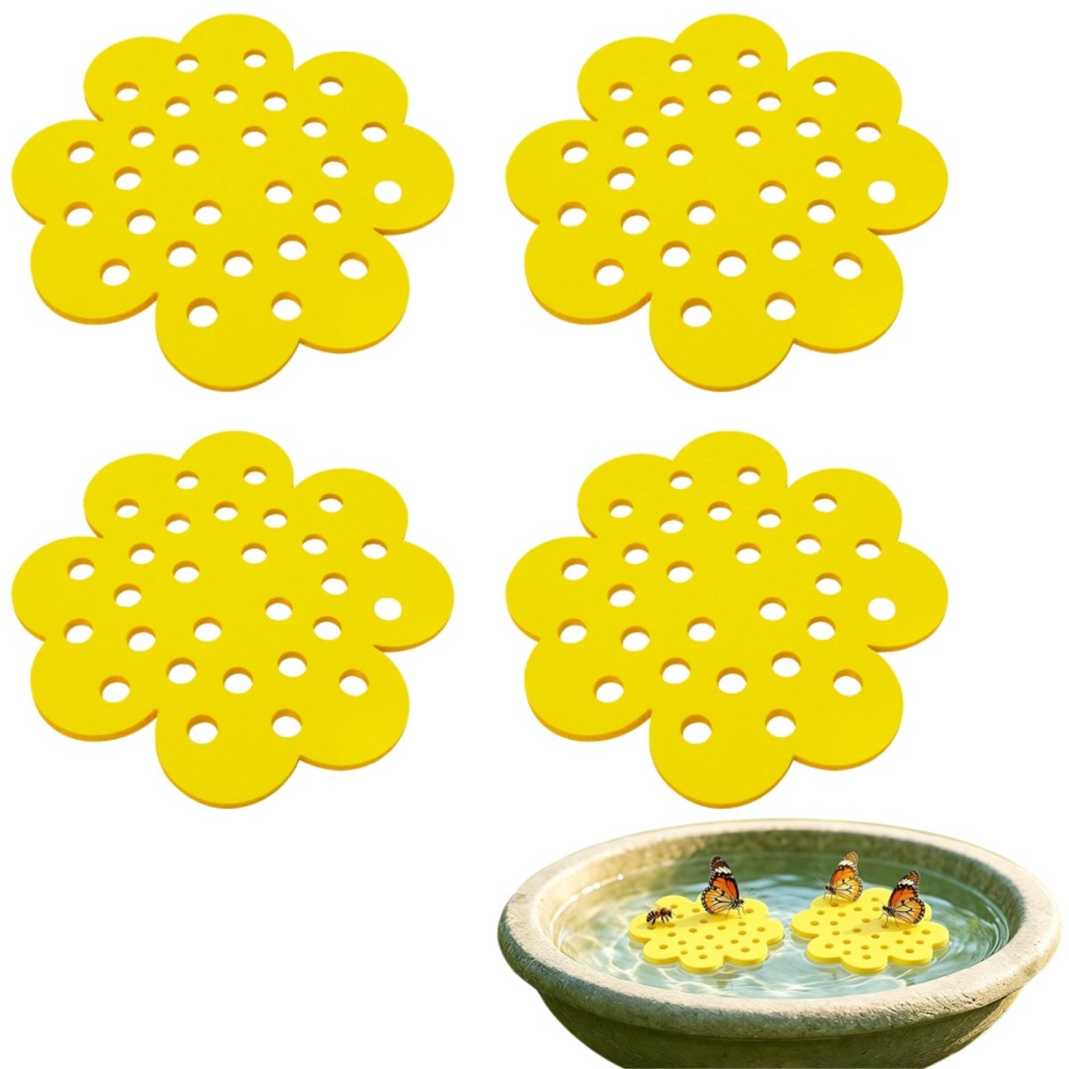 4 stuks - Drijvend Bijeneiland - Bijendrinkstation - Vlinderwaterbak en tuindecoratie - Bijenwaterbak - Herbruikbaar - Tuin - geel - 15*15 cm - Voor Tuindecoratie en Bijen Bestuiving