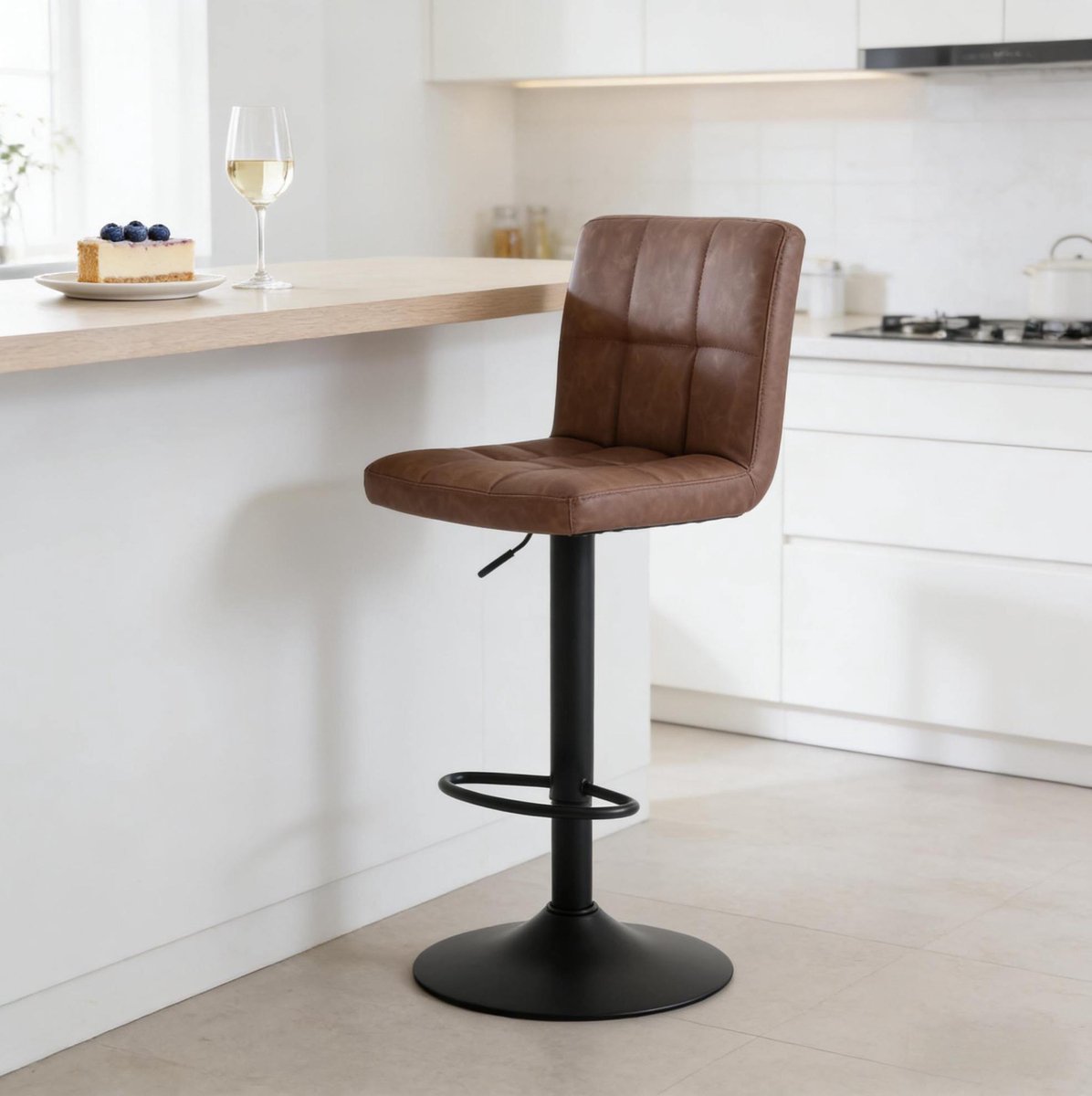 COVREO Barkruk 92 x 114 cm donkerbruin, kunstleer met rugleuning en draaifunctie