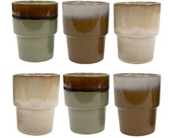 Cookinglife Bekers Nomad Step - Set Van 6 - Mokken / Mug - Aardewerk, Groen/Bruin/Beige - Vaatwasserbestendig, Stapelbaar - 340 ml