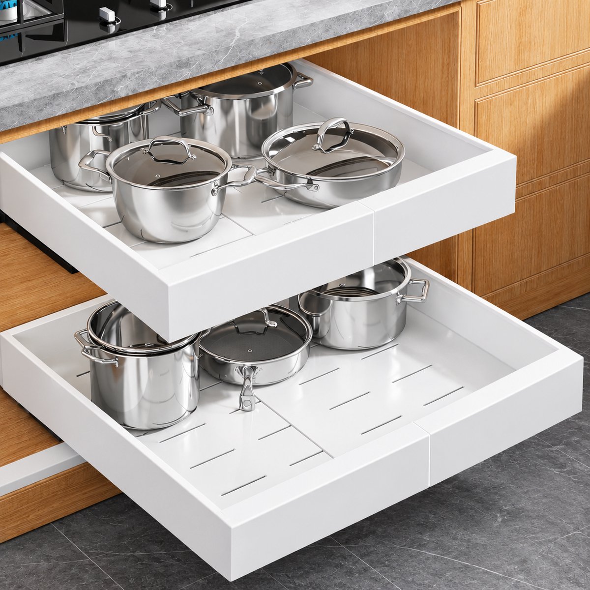 Joyage Schuiflades keukenkast Organizer – Verstelbaar 32-52 cm – Wit - Zonder boren - Keukenkast Lades - Keuken Organizers - Kitchen Organizer - Lade Organizer Kast - Under sink Organizer - Gootsteenkast Organizer - Keukenrek - Badkamer organizer