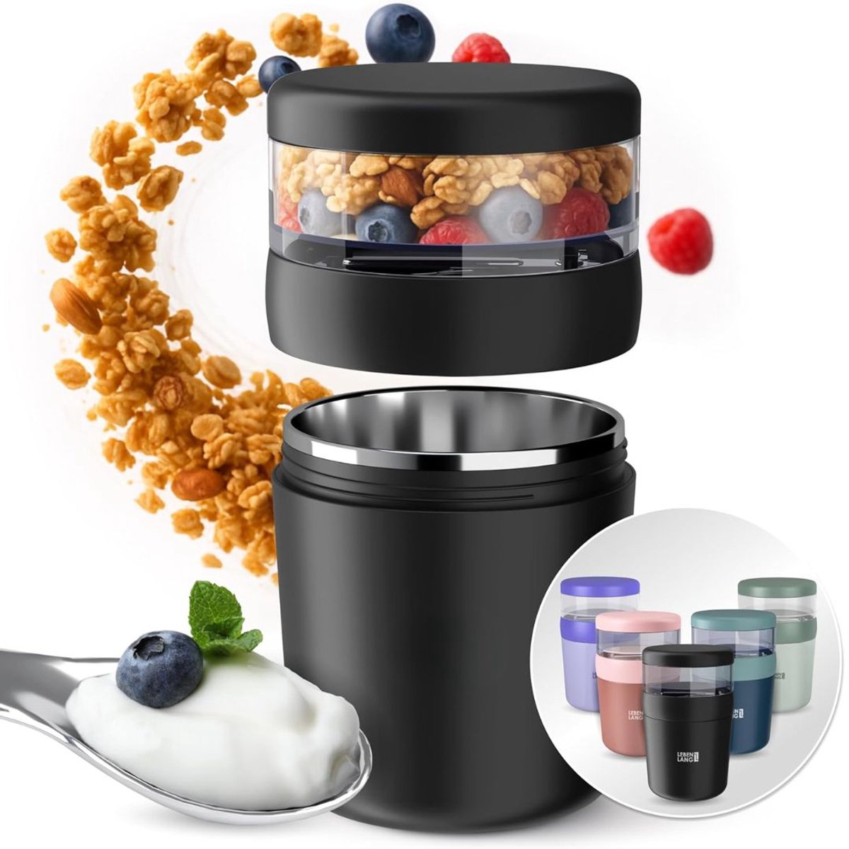 JCP® Yoghurt Beker To Go - Yoghurt Beker To Go met Lepel - Yoghurt en Muesli Beker To Go - Zwart - 10cm x 10cm x 10cm