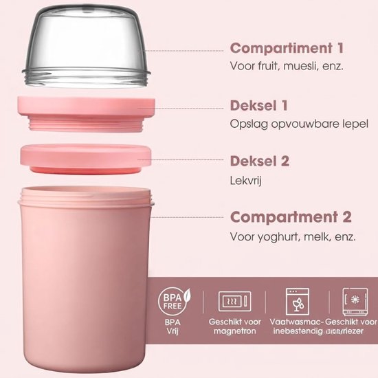 JCP® Yoghurt Beker To Go - Yoghurt Beker To Go met Lepel - Yoghurt en Muesli Beker To Go - Roze - 10cm x 10cm x 19cm — afbeelding 3