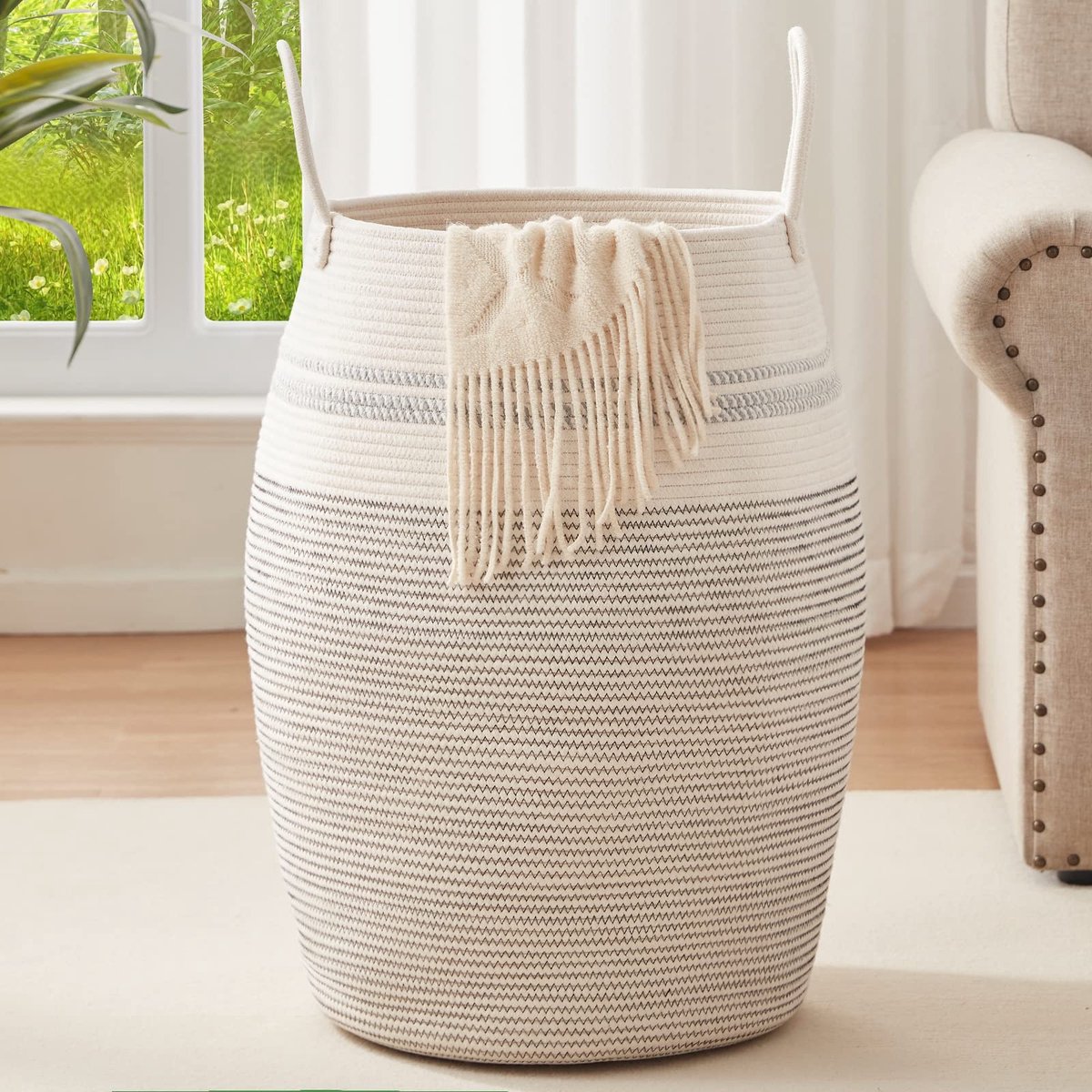 Omgoods - Hoge Wasmand van Geweven Katoen, 105L, Wit/Zwart