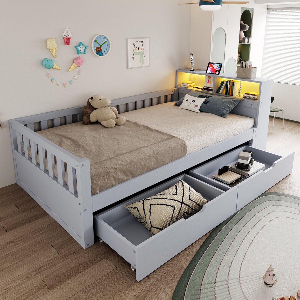 Kinderbed, Multifunctioneel Houten Bed 90 × 200 cm, Met Lades, Plank En Opbergvakken, Voorzien Van Stopcontact En Ledverlichting, Veiligheidsrail, Eenpersoonsbed-Grijs